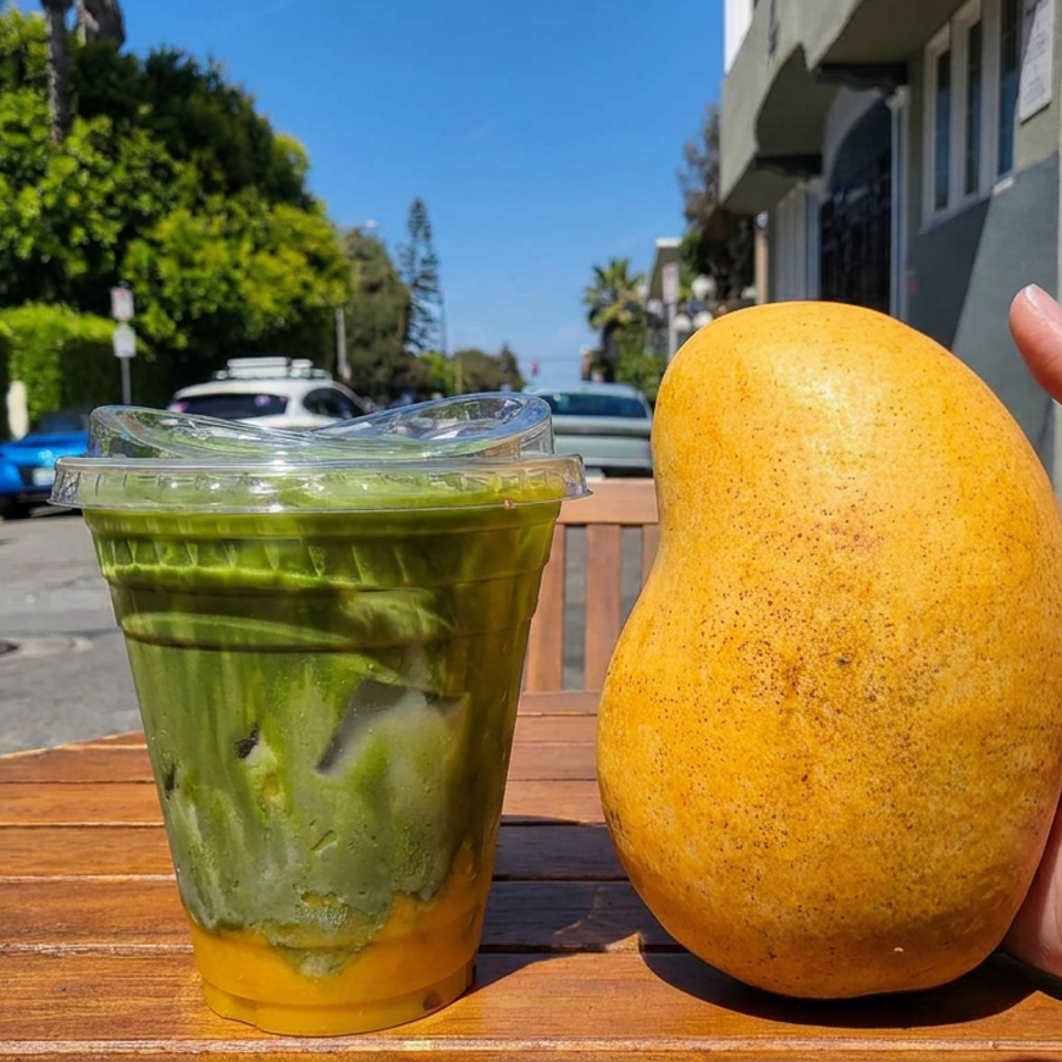 Hand holds a ripe mango beside a clear cup of green iced drink on a sunny outdoor restaurant table.